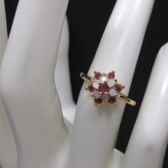 Vintage 1970s Gold Plated Purple Rhinestone Opal Cocktail Ring 18K HGE Sz 5¼ - Picture 2 of 10